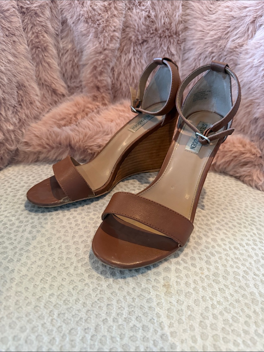 Steve Madden Cognac Leather Wedge Sandals with Ankle Strap